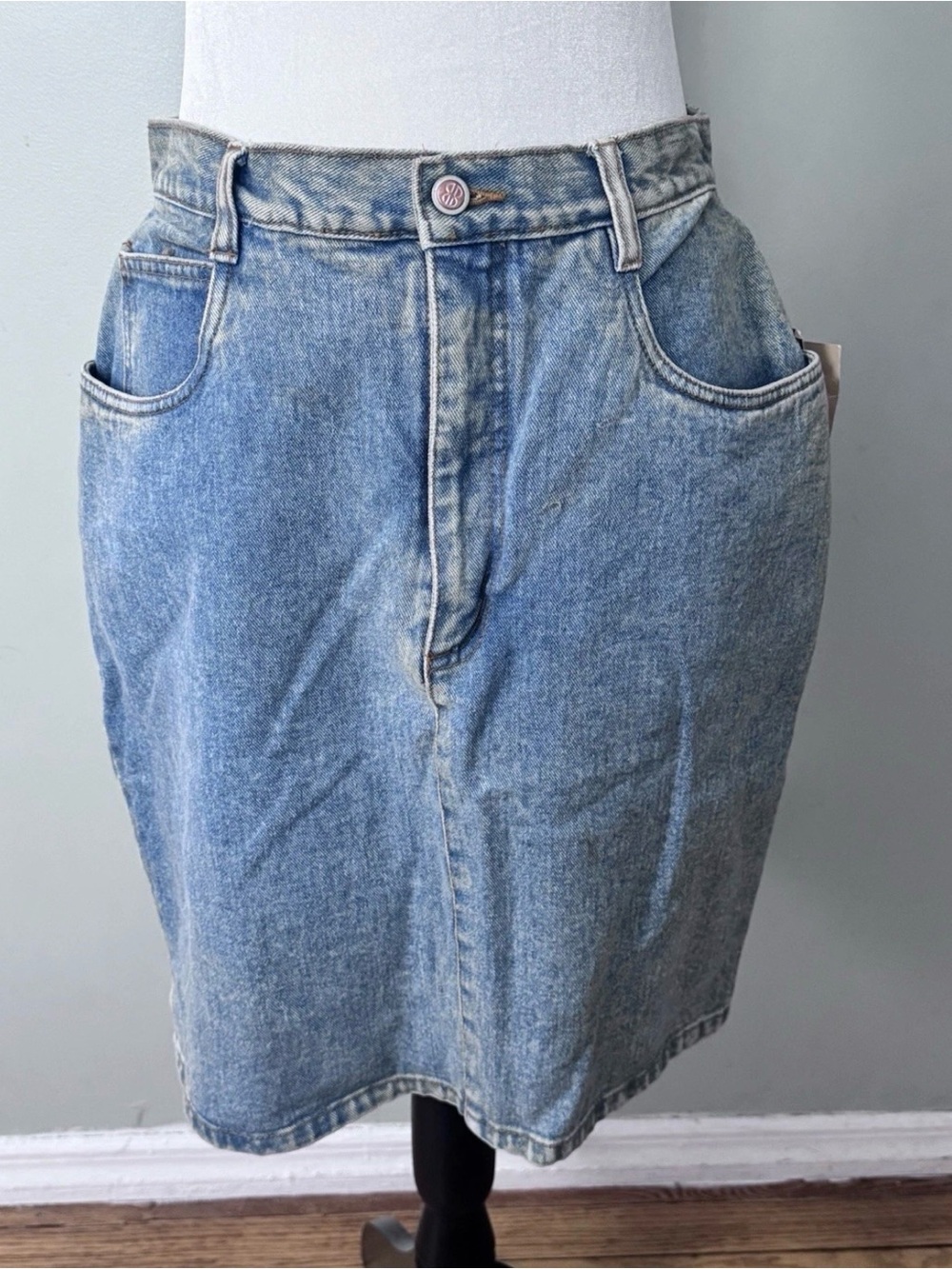 Vintage Bill Blass Distressed Denim Skirt Size 14 Silver Stone NOS NWT HONG KONG